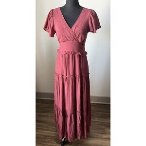 Audrey Parks Womens Smocked Milkmaid Tiered Maxi Dress Pink Princess Feminine S